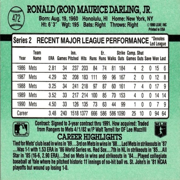 Ron Darling (New York Mets) Donruss '91 Green Border Card - Card Number 472 - Picture 2 of 2